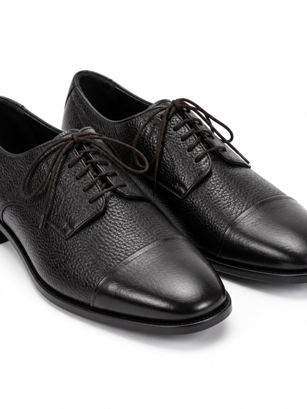 Canali Black Textured Leather Cap-Toe Derby Shoes
